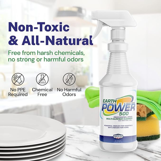 Earth Power Hypochlorous Acid 500 PPM Multipurpose Cleaner – Natural & Non-Toxic – Tile, Refrigerator, Shower, Countertop & Floor Cleaner – Family, Food & Pet Safe Cleaning Supplies – 32 oz