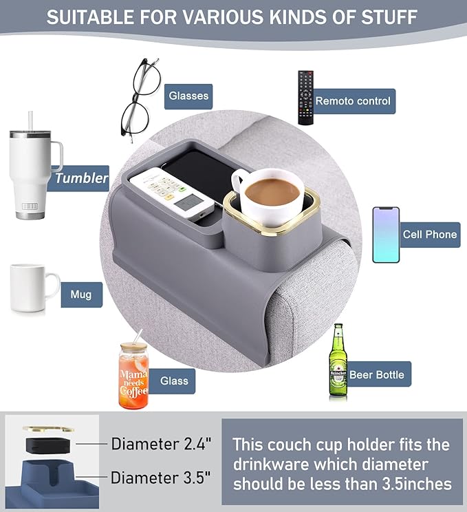 HMASYO Couch Cup Holder Tray - Silicone Sofa Armrest Table Couch Drink Holder and Tray Organizer for Remote Snacks Cellphone, Anti-Spill Anti-Slip Design, Gifts for Family Mom Dad Grandma