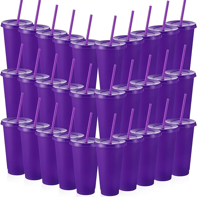 Honeydak 60 Pack Tumbler with Straw and Lid Bulk Cups for Gifts Water Bottle Iced Coffee Travel Mug Cup Reusable Plastic Tumblers for Party Birthdays 24-27 oz (Purple Color)