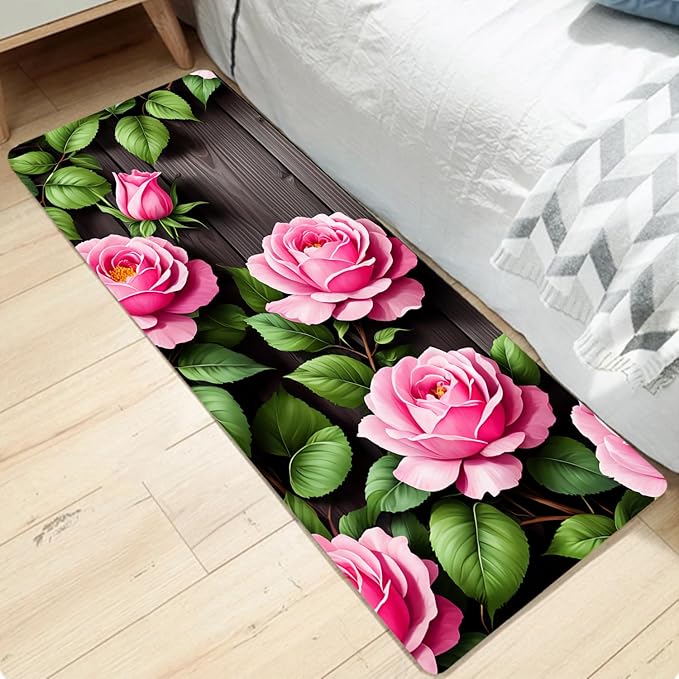WODEJIA Non Slip Bath Rugs Sponge Foam for Bathroom,Flannel Mat Rug for Living Room, Absorbent MatS for Forlaundry Room and Kitchen,Wooden Board Flower Pattern Welcome Mat 47x18 Inches