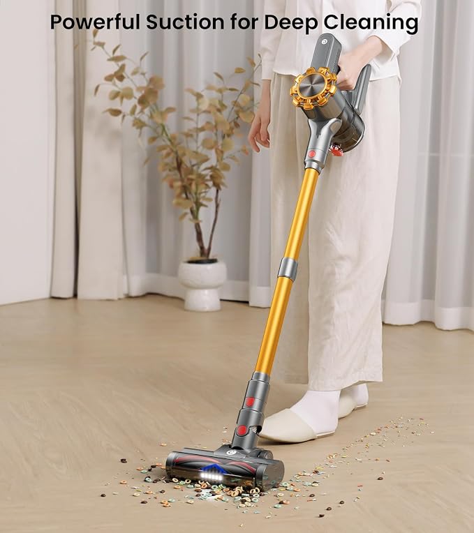 CHEBIO Cordless Vacuum Cleaner, 550W/45Kpa Vacuum Cleaners for Home with LED Display, Anti-Tangle&Wall Mount, 65Mins Wireless Vacuum, 8 in 1 Lightweight Stick Vacuum for Hard Floor/Carpet/Hair (Gold)