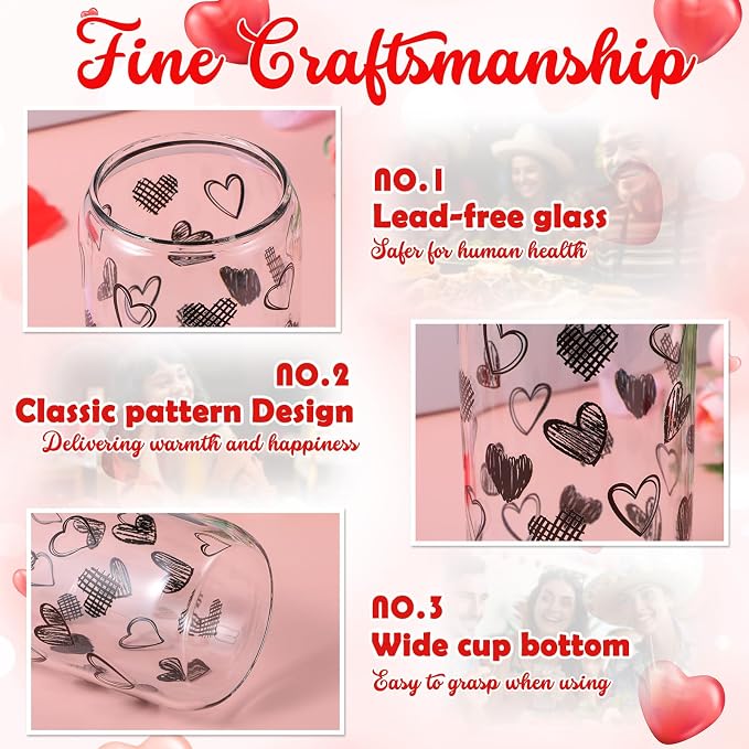 Sliner 2 Pcs Heart Glass Cups Iced Coffee Tumbler with Lid Straw 16 oz Drinking Glasses Cute Beer Can Tumbler Holiday Gifts for Home Office Decorations