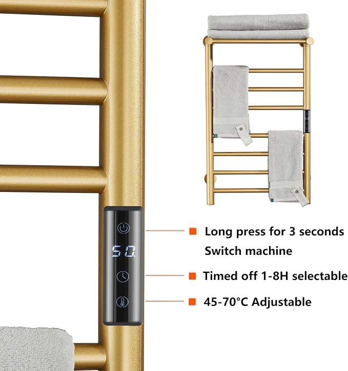 Electric Heated Towel Rack, Built-in Timer with Led Indicators | Timer Modes: 1 H to 8 H, Gold 7-Bar Wall Mounted Towel Warmer with Top Shelf, 70W Heated Towel Warmer, Hardwired