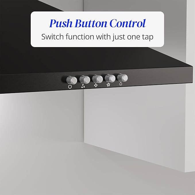 FIREGAS Black Range Hood 30 inch, Wall Mount Range Hood with LED Lights, 3-Speed Exhaust Fan, Ducted/Ductless Convertible, Aluminum Mesh Filters, Button Control, Black Kitchen Hood