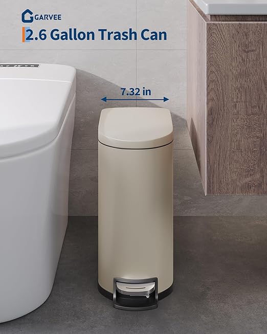 Garvee 2.6 gal / 10 L Metal Bathroom Trash Can with Lid, Slim Waterproof Garbage Can for Bedroom, Small Step-on Trash Bin with Inner Bucket, Rear Handle, Soft Close Lid, Sand Beige