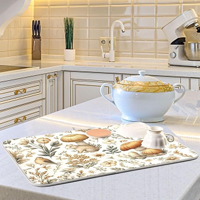 Watercolor Mushrooms Dish Drying Mat Absorbent Kitchen Pads for Counter Kitchen Dish Dryer 18 x 24 Mat under Dish Drainer