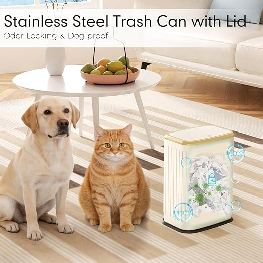 Bathroom Trash Can with Lid, 8L/2.1 Gallon Beige Trash Can Small Garbage Can with Press Top Lid Slim Stainless Steel Garbage Can with 100 Counts Trash Bags for Bathroom Bedroom Kitchen Office Toilet