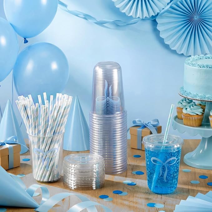 LemonRoad 50sets 16oz Blue Bow Cups Blue Birthday Party Decorations Supplies Cute Plastic Cups Disposable with Lids and Straws, for Valentines Galentines Day Christmas Wedding Baby Shower Decorations