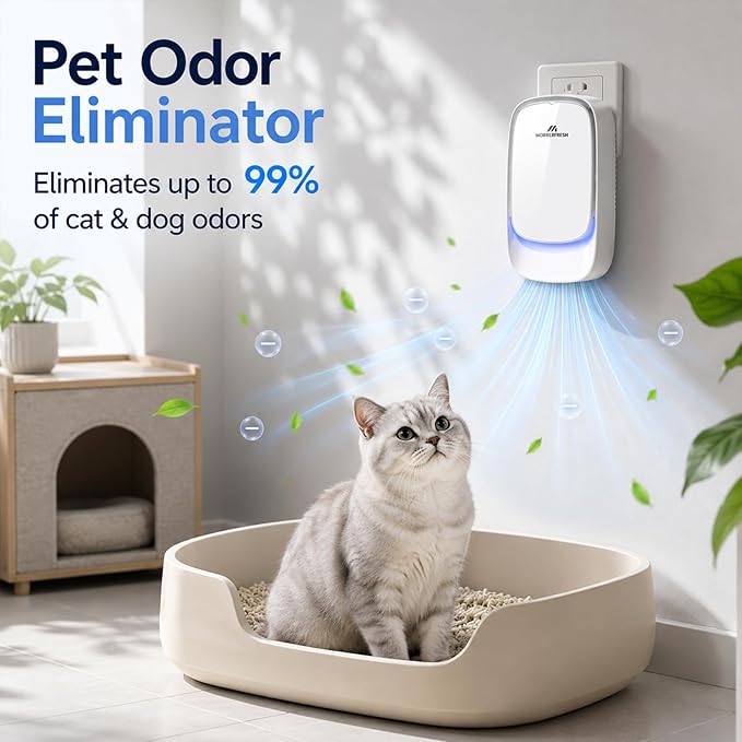 Cat Litter Deodorizer - Pet Odor Eliminator for Strong Odors | Plug In Filterless Air Purifier & Quiet Freshener for Multi-Cat Litter Box, Bedroom, Kitchen, 24H Ozone Free Odor Control