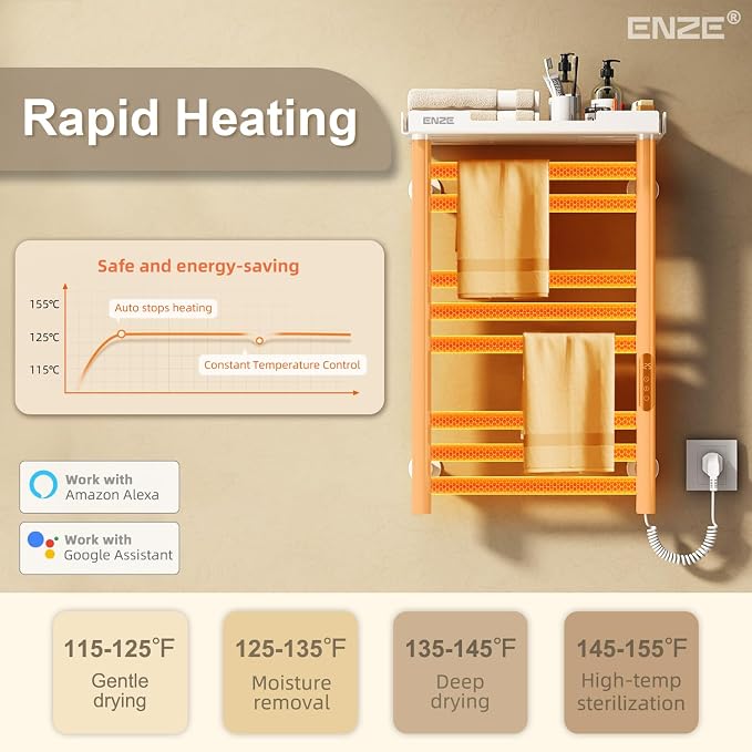 ENZE Smart Heated Towel Rack, 8-Bar Wall-Mounted Electric Towel Warmer with Shelf, Wi-Fi App Control, Adjustable Temperature & 24H Timer, Low Carbon Steel, IPX5, Plug-in/Hardwired, White