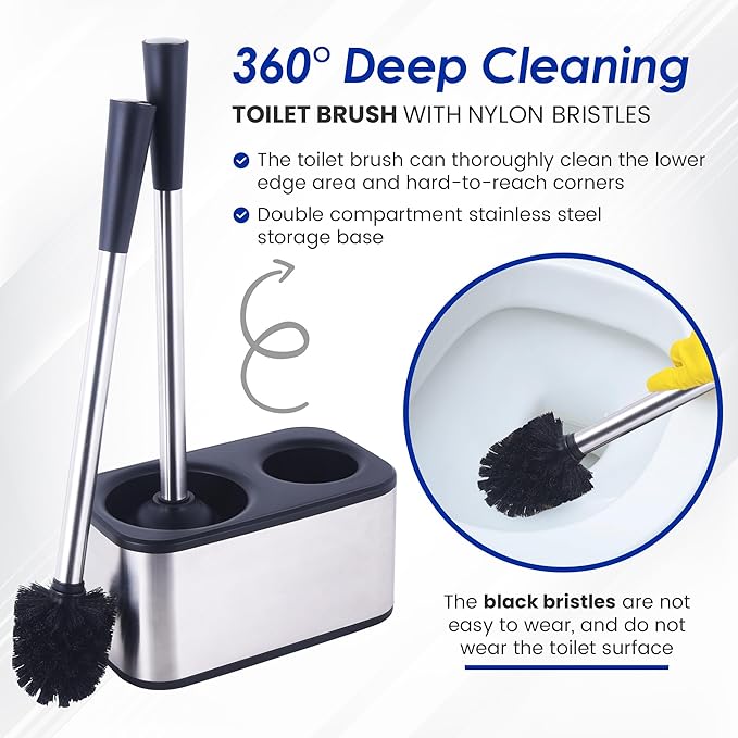 Stainless Steel Toilet Brush and Holder Set - Modern Toilet Brush and Plunger Set - Bathroom Essentials