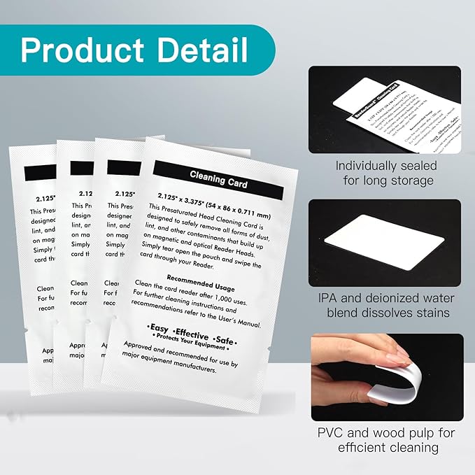 100 PCS Credit Card Reader Cleaning Cards - CR80 Dual Side Cleaning Sheets for POS Terminals, Printers, and Optical Card Readers