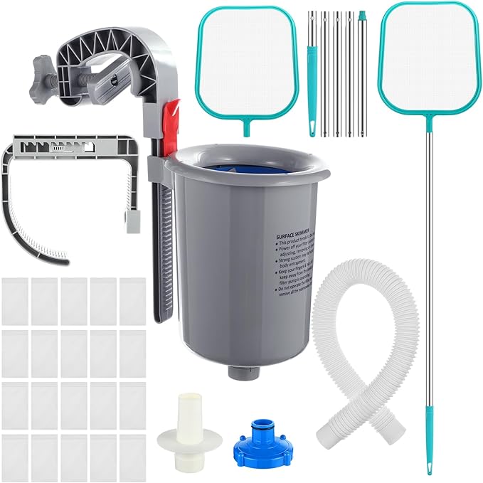 Tujoe Above Ground Pool Surface Skimmer with 5 Foot Leaf Skimmer Net and 20 Pool Filter Socks Skimmer Socks, Automatically Cleans Wall Mount Pool Surface Skimmer Pool Maintenance Accessories for Clean