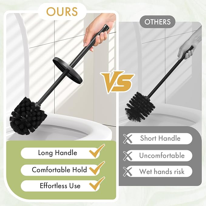 Toilet Bowl Brush and Holder Set 3 Pack with 6 Extra Brush Heads | Extra Long Handle with Splash Guard Cover, Tool-Free Installation, Bathroom Space-Saving, Cleaner Sets for Apartments, RV (Black)