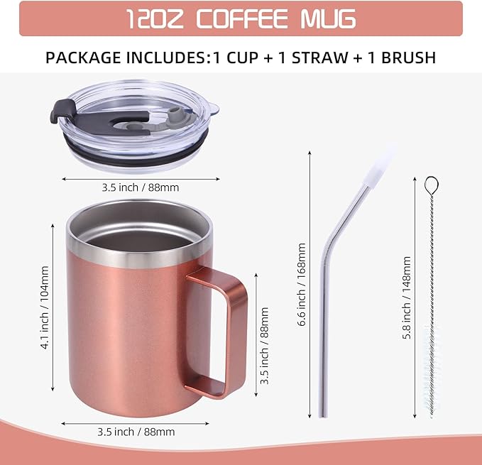 Volhoply 12oz Insulated Leakproof Coffee Mug with Flip & Straw Lid Bulk 8 Pack,Double Wall Vacuum Stainless Steel Travel Tumbler Cup with Handle,Reusable Camping Mugs Keep Cold/Hot(Rose Gold,8 Set)