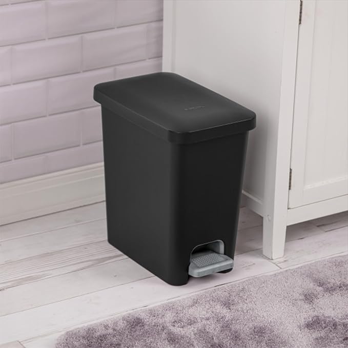 Sterilite 2.7 Gallon Rectangular Step On Kitchen Trash Bin Plastic Indoor Wastebasket with Removable Liner and Bag Holding Feature, Black (4 Pack)