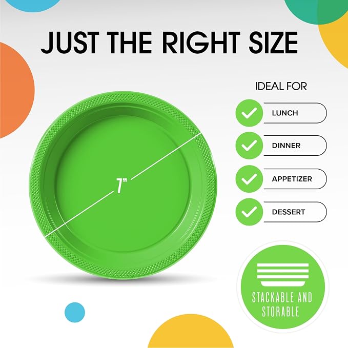 Exquisite Party Solids Lime Green Plastic Plates For Party Supplies 7" Lime Green Disposable Plates Heavy Duty 50 Pcs Plastic Dinnerware Sets Heavy Duty 350 GSM Disposable Dinnerware Set