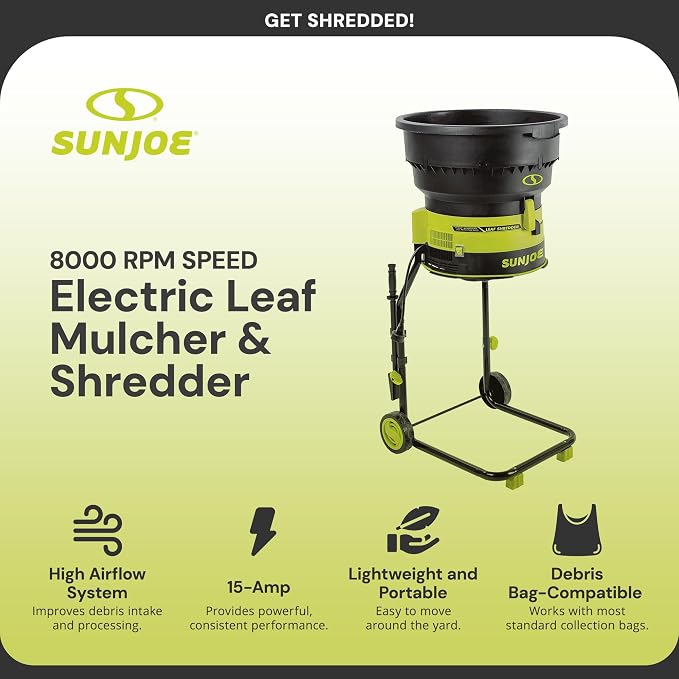 Sun Joe 15 Amp Bladeless Electric Leaf Mulcher & Shredder, 8,000 RPM, Mulches Up to 55 Gallons Per Minute, for Wet or Dry Yard Waste, SDJ617E