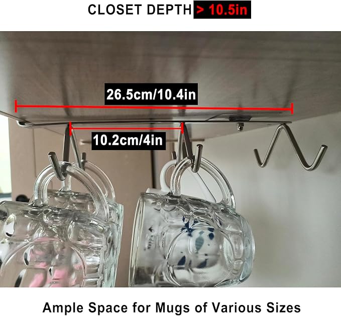 6 Hooks Under Cabinet Mug Holder for Coffee Cups and Kitchen Utensils, Silver