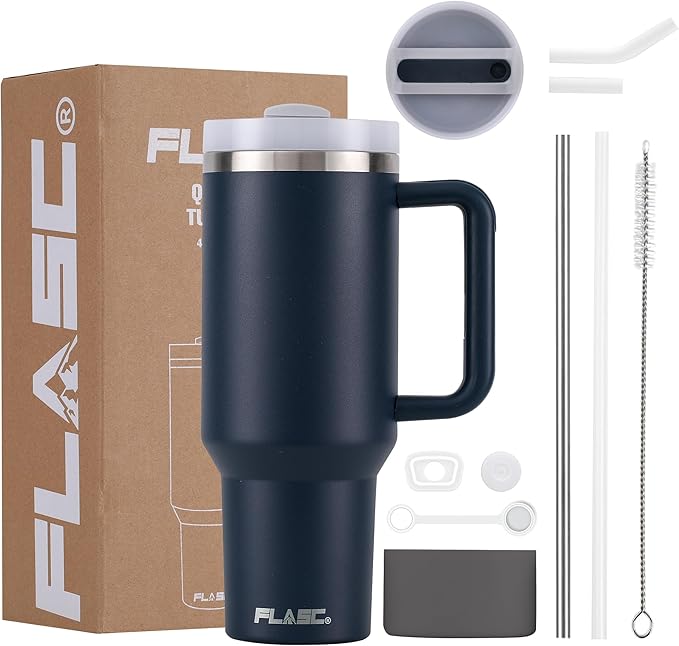 FLASC 40 oz Tumbler With Handle and Straw | 100% Leakproof Insulated Tumbler With Lid and Straw | Includes ALL Accessories: Stainless Steel Straw, Silicon Boot, Straw Cover & Cleaner (Stormey Sea)