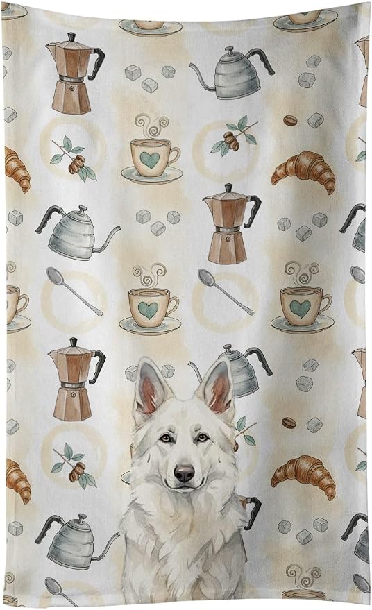 Caroline's Treasures White German Shepherd Coffee Bar Kitchen Towel Velour Plush Front and Cotton Loop Back Machine Washable