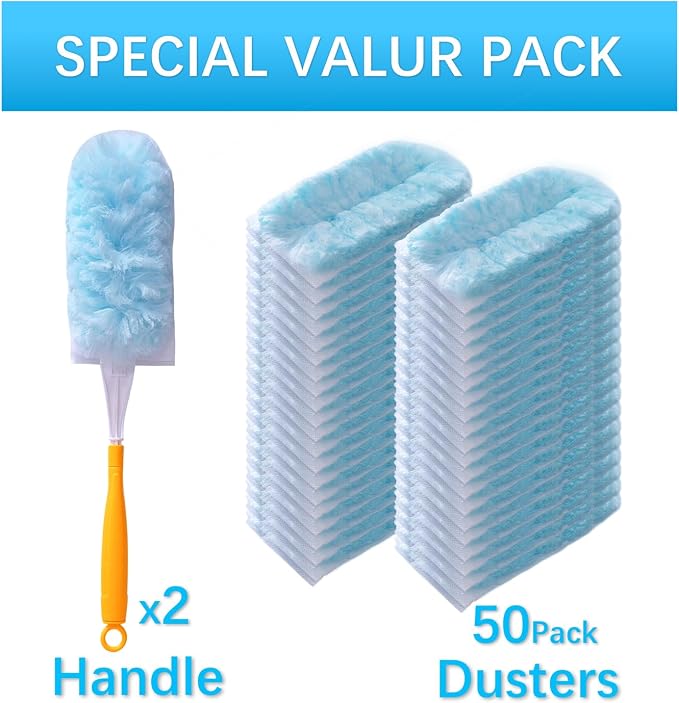 50 Count Duster Refills for Swiffer Dusters with 2 Handle, 360° Heavy Duty Duster for Swiffer Duster Refill,4X Microfibers Disposable Duster Refills Kit for Cleaning Home, Office, Corners, Blinds