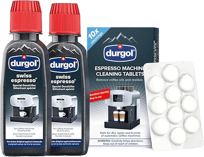 Durgol Swiss Espresso, Descaler and Decalcifier for All Brands of Espresso Machines and Coffee Makers, 4.2 Fluid Ounces (Pack of 2) Espresso Machine and Coffee Maker Cleaning Tablets, 10 ct