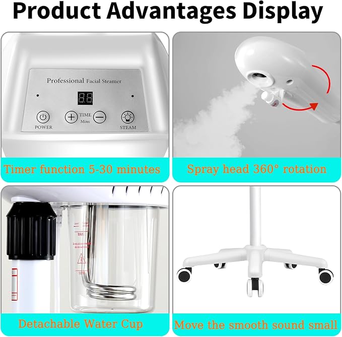 Professional Facial Steamer for Deep Cleansing and Hydration, Ozone Spa Face Steamer on Wheels, Adjustable Height and Angle,Estheticians Steamer More Steam,Suitable for Beauty, Spa and Home Use