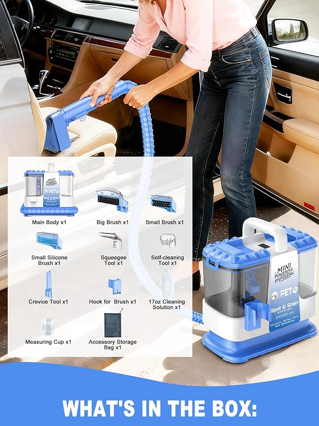 Portable Carpet & Upholestery Cleaner Machine for Pets, Spot, Stain, Couch Cleaner Machine with Powerful Suction and and Cleaning Solution, Car/Auto Detailer, Lightweight Compact Design, Blue