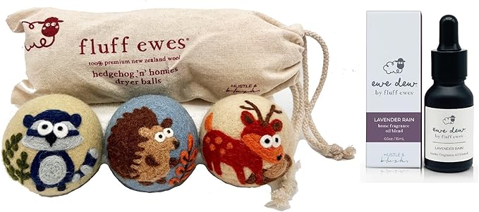 Hustle & Blush Wool Dryer Balls and Essential Oils Blend Bundle Laundry Set, Reduces Drying Time with Long Lasting Fresh Scent Laundry Supplies - 3 Pack Hedgehog & Homies & 15 ml Lavender Rain Oil