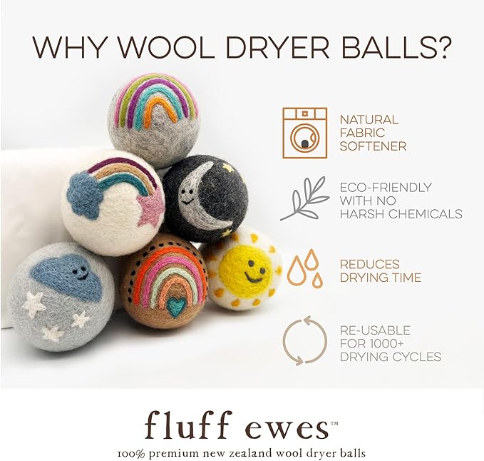 Fluff Ewes Premium Handmade New Zealand Reusable Wool Dryer Balls for Laundry & Baby + Ewe Dew Home Fragrance Aromatherapy Dryer Ball Essential Oil Blend, 2 Pack, Rainbow + Cottontail 0.5oz