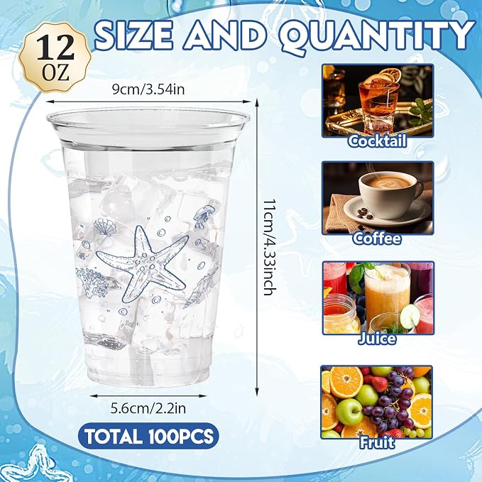 100Pcs Ocean Plastic Party Cups, 12oz Sea Party Disposable Clear Cups for Ocean Parties, Birthday, Summer, Sea Drinking Cups, Under the Sea Party Favors (2 Styles)