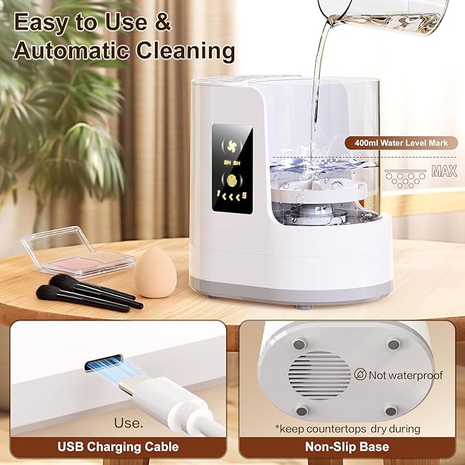 Makeup Brush Cleaner Machine Gray, Automatic Brush Cleaning & Drying Machine with Dual-Direction Cleaning