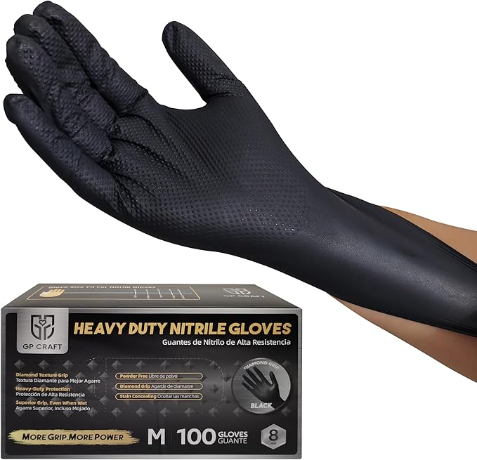 Heavy Duty Black Diamond Grip 8mil Nitrile Gloves - Industrial Grade, Puncture & Chemical Resistant Safety Gloves