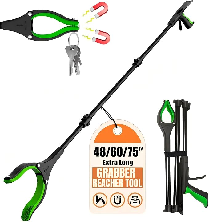 Extra Long Grabber Reacher Tool, 60" Aluminum Foldable Reacher Grabber, Dual Magnetic Tip Pickup Grabber Trash Picker, Strong Grip Aid for Upper Shelves, Elderly, Surgery Recovery Must Have