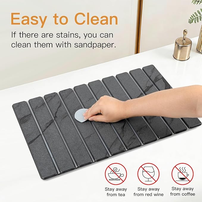 Stone Dish Drying Mat for Kitchen - Grey Kitchen Counter Mats Quick Dry for Dishes Cups - Foldable Super Absorbent Diatomaceous Earth Drying Coasters Multi-Purpose (24"×16"/ 8"x4")