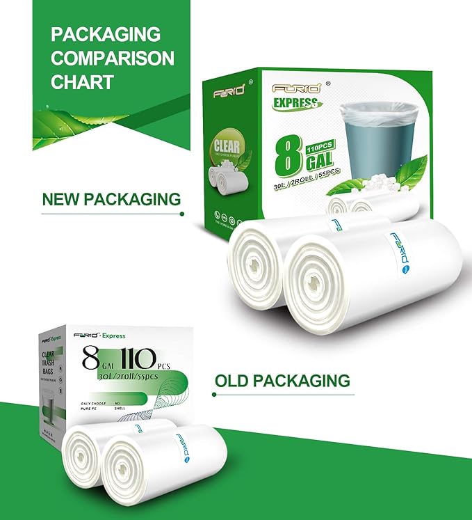 FORID Clear Trash Bags, 8 Gallon Garbage Bags, Wastebasket Bin Liners 110 Count Plastic Trash Bags for Bathroom Bedroom Office Garbage Can 30 Liters - Durable & Thick Trash Bag - Medium (Pack of 2)
