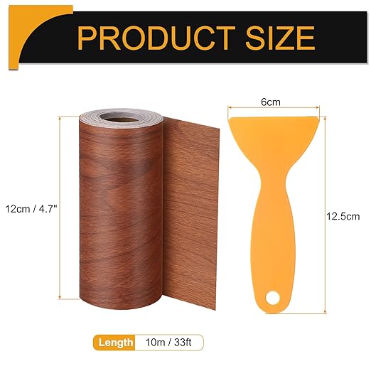 HARFINGTON Wood Grain Repair Tape 4.7 Inch x 33ft Self Adhesive Repair Patch Tape Simulated Wooden Floor Tapes with Plastic Scraper for Tables Doors Windows Furniture, Bright Brown Wood