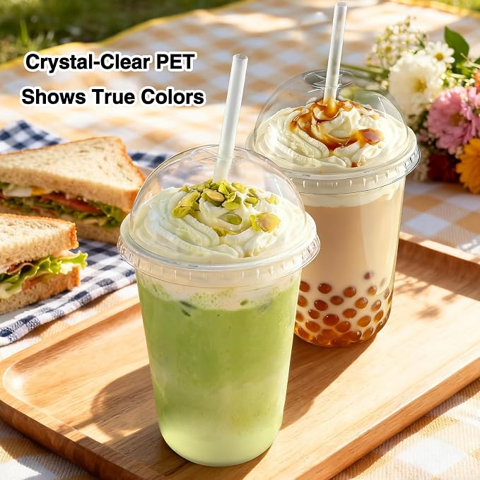 Qsqwsuye 100 Set 16oz Disposable Clear Plastic Cup with Lids and Straws, Sturdy & Food Safe Iced Coffee Cups, Plastic Cold Drinks Cups for Smoothie, Milk Tea, Assorted Beverages Party Supplies