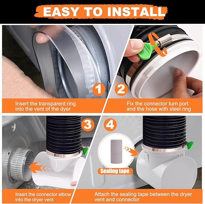 Dryer Vent Hose Connector Kit,90 Degree Dryer Vent Elbow+10ft 6-Layer Flexible Hose & Sealing Kit for 4 Inch Dryer Duct, Dryer Adapter,Space-Saving Design for Tight Space