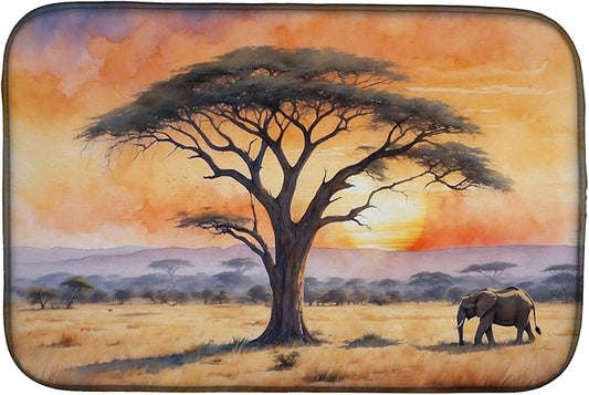 Caroline's Treasures Elephants Savanna Sunrise Dish Drying Mat Absorbent Dish Drying Mat Pad for Kitchen Counter Dish Drainer Mat for Countertop, 14 x 21", Multicolor