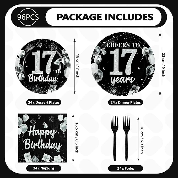 96Pcs 17th Black and Silver Birthday Party Supplies Cheers to 17 Years Plates and Napkins Disposable Happy 17th Birthday Tableware Set for 17 Years Old Graduation Party Serves 24