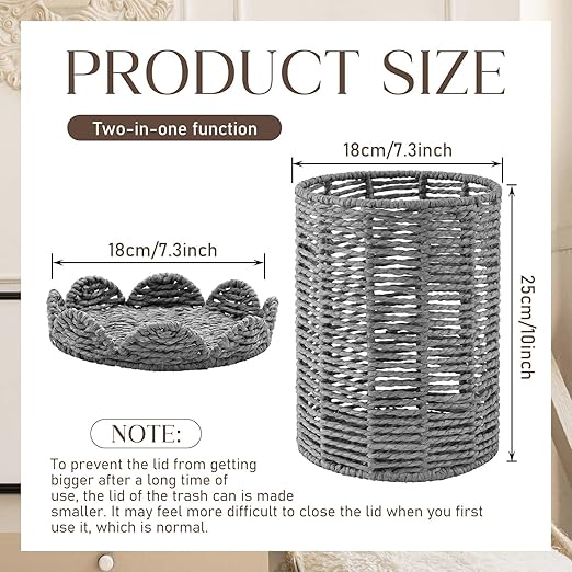 Ctosree 1.3 Gallons Small Wicker Trash Can with Lid Handle Woven Wicker Rattan Bathroom Waste Basket Boho Trash Basket with 100 Plastic Garbage Bags for Bedroom Office Laundry (Scalloped Style, Gray)