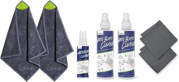 loukin | Non-toxic Whiteboard Cleaner Kit (8.5 fl oz) 2 Pack & Magnetic Cleaning Cloth 2 Pack & Whiteboard Cleaner (3.4 fl oz) 1 Pack