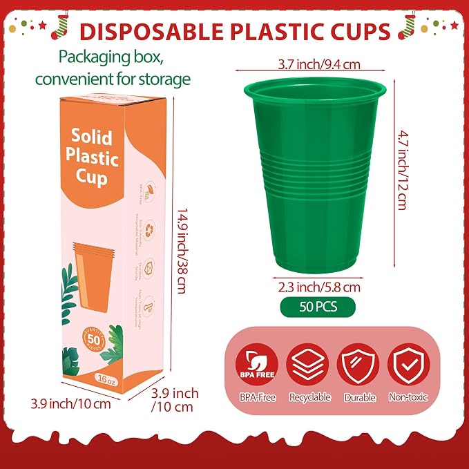 Kochorie 50 Pack Disposable Plastic Cups 16 Oz Solid Color Drinking Cups Party Supplies Strong and Sturdy Drinkware Cup For Birthday, Wedding, Christmas, Halloween & Daily Use, Green