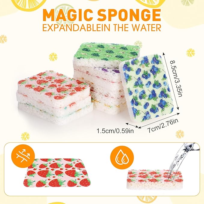 Maxdot 50 Counts Compressed Cellulose Sponges Bulk Fruits Pattern Natural Kitchen Compostable Non Scratch Dish Sponges for Washing Dishes,Cleaning Countertop Sink,Kids DIY