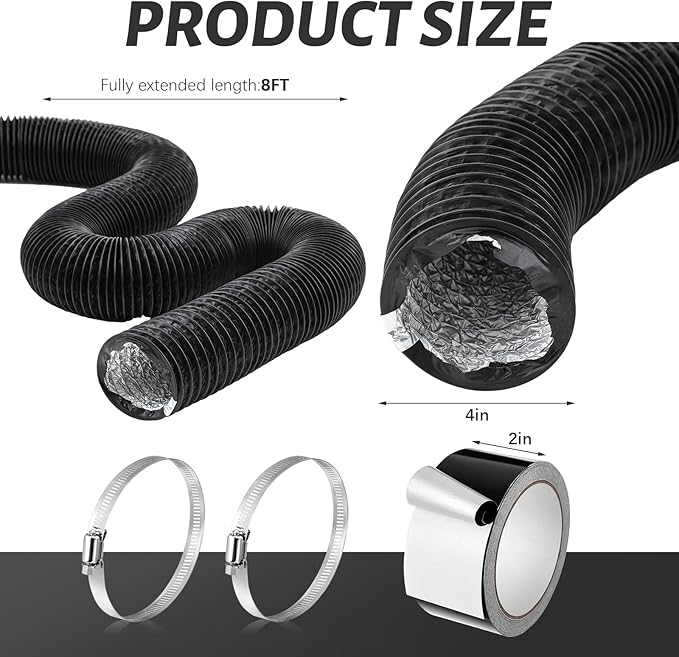 Zonon Dryer Vent Hose 4 Inch X 8 Feet Flexible Aluminum Foil Ducting Non Insulated with Stainless Steel Clamps and Aluminum Tape for Pipe, HVAC Heating Cooling Ventilation and Exhaust(Black)