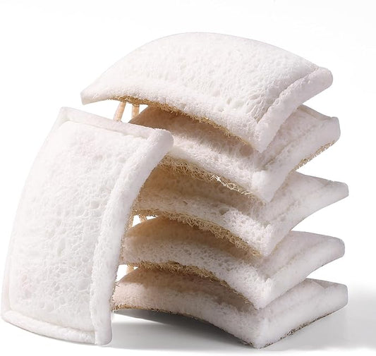 JOYMOOP Compressed Cellulose & Loofah Scrubbers, Non-Scratch Scrub Sponge, Kitchen Sponges for Dishes, 6-Pack, Dual-Sided Dish Sponge for Nonstick Cookware & All Surfaces