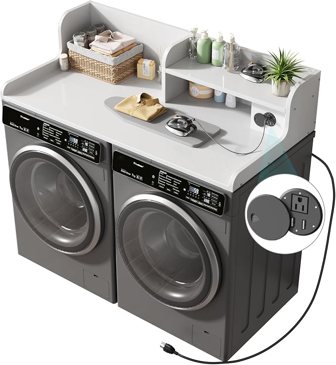 DTK Washer Dryer Countertop with Charging Station, 2 Tier Laundry Countertop with Anti-Slip Strips, 27.55" Depth x 54" Width, Wood Dryer Cover with Shelf,White (White)