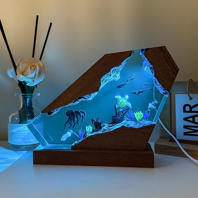Octopus Resin Lamp, Handcrafted RGB Ocean Lamp with Wooden Base,Octopus Decor for Bedroom, Scuba Diving Gifts for Him & Her, Unique Birthday & Holiday Gifts (S 6"X4")